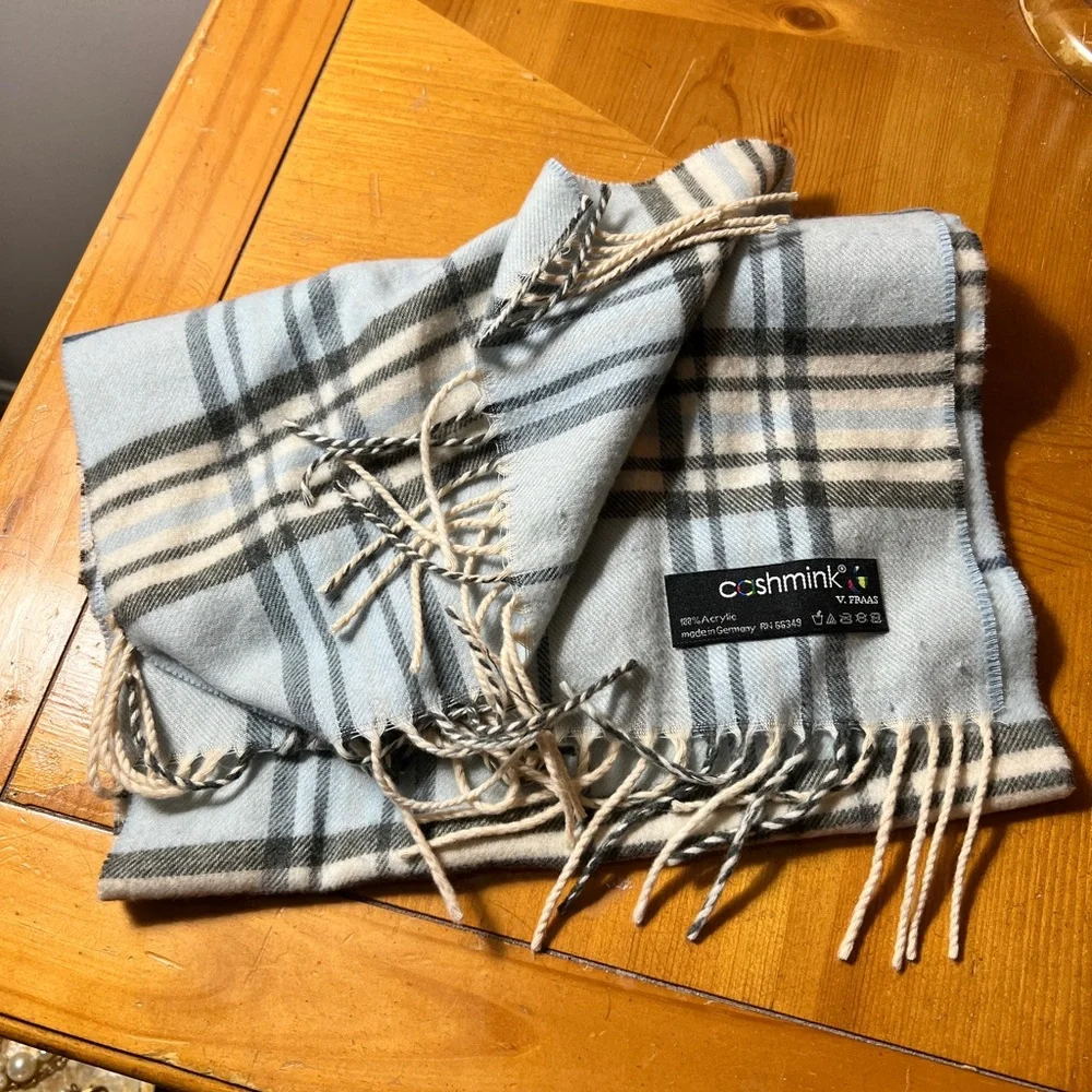 cashmink Light Blue Plaid Fringe Scarf by V. Fraas 70 inches long